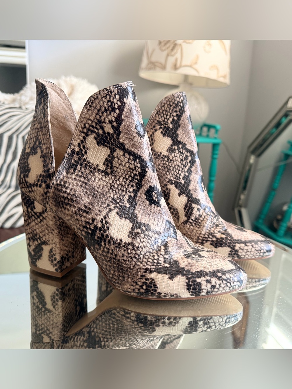 Steve Madden Snake-Print Pointed Ankle Booties - Beige & Black